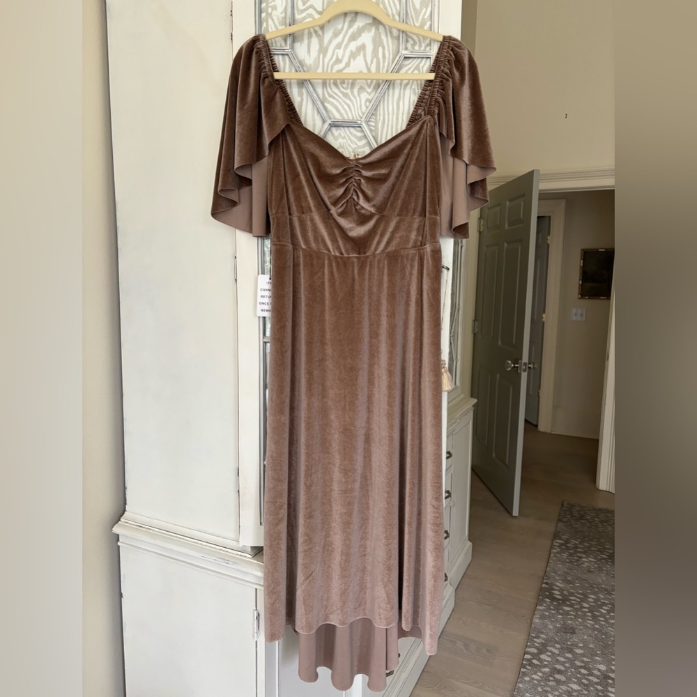 Mink velvet flutter sleeve midi dress
